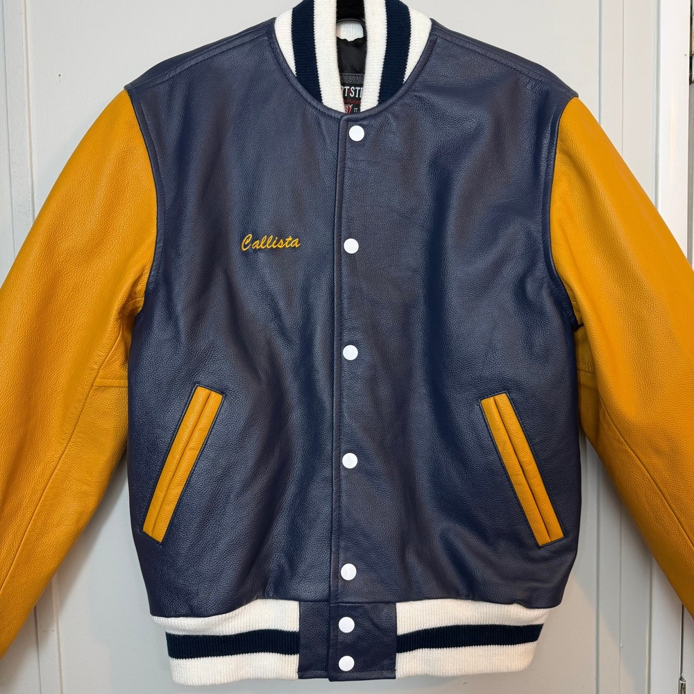 Vtg Stewart & Strauss All Leather Varsity Jacket Mens S Navy Blue Gold Letterman